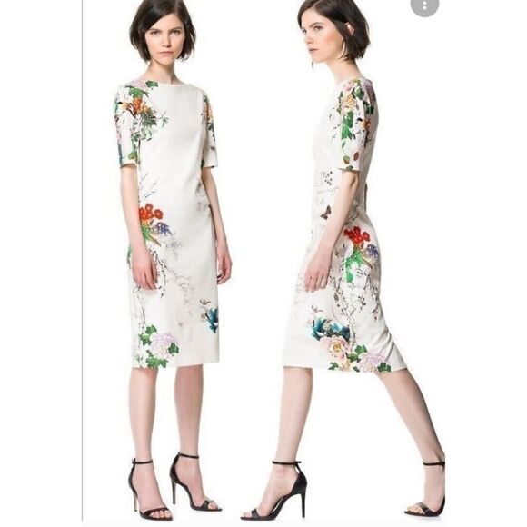 Zara Dresses & Skirts - ZARA WOMENS BOAT NECK FLORAL PRINT MIDI DRESS SIZE SMALL MULTICOLOR CREAM